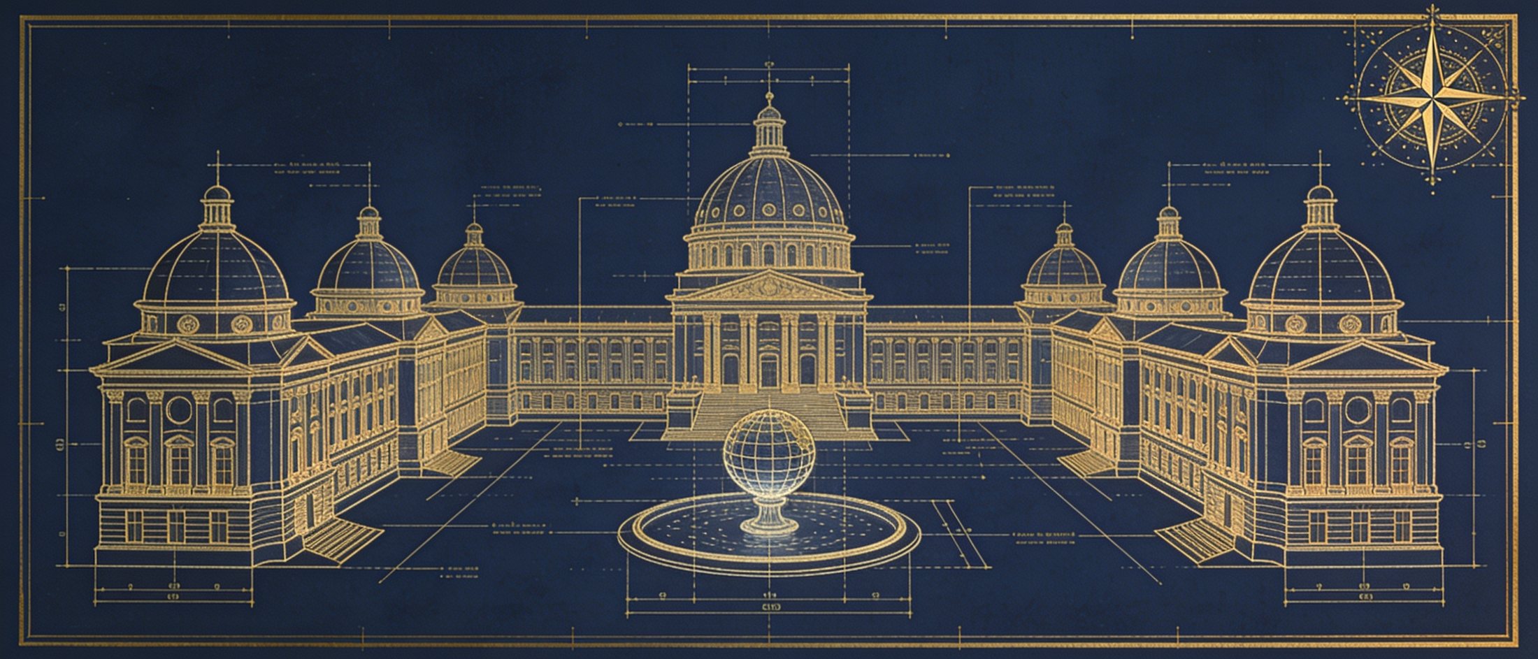 The Glonari campus drawn as a gold-ink architectural blueprint on navy
