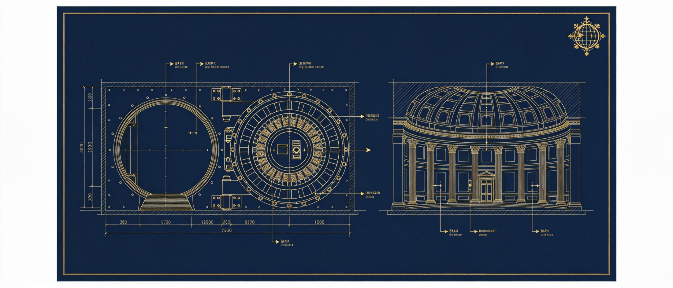 The Global Reserve vault drawn as a gold-ink architectural blueprint on navy